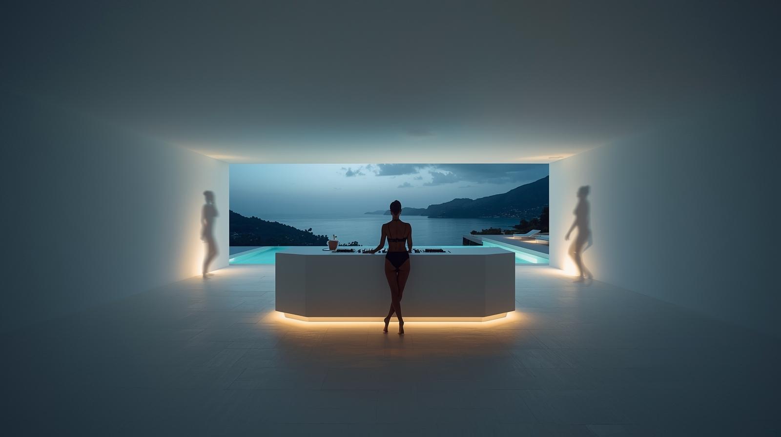 A minimalist and clean photography style capturing a sleek, futuristic DJ booth within a modern villa, overlooking a serene pool. Silhouettes of Pacific Islander women are subtly integrated aro (3)
